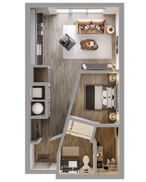 Floor plan for 1 bed, 1 bath, 602 sqft